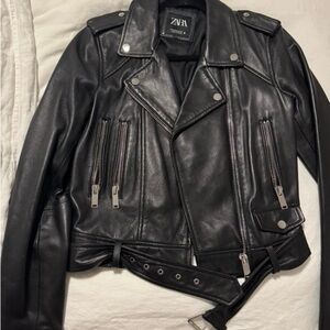 Zara Black faux Leather Biker Jacket with belt. Chic & Pristine